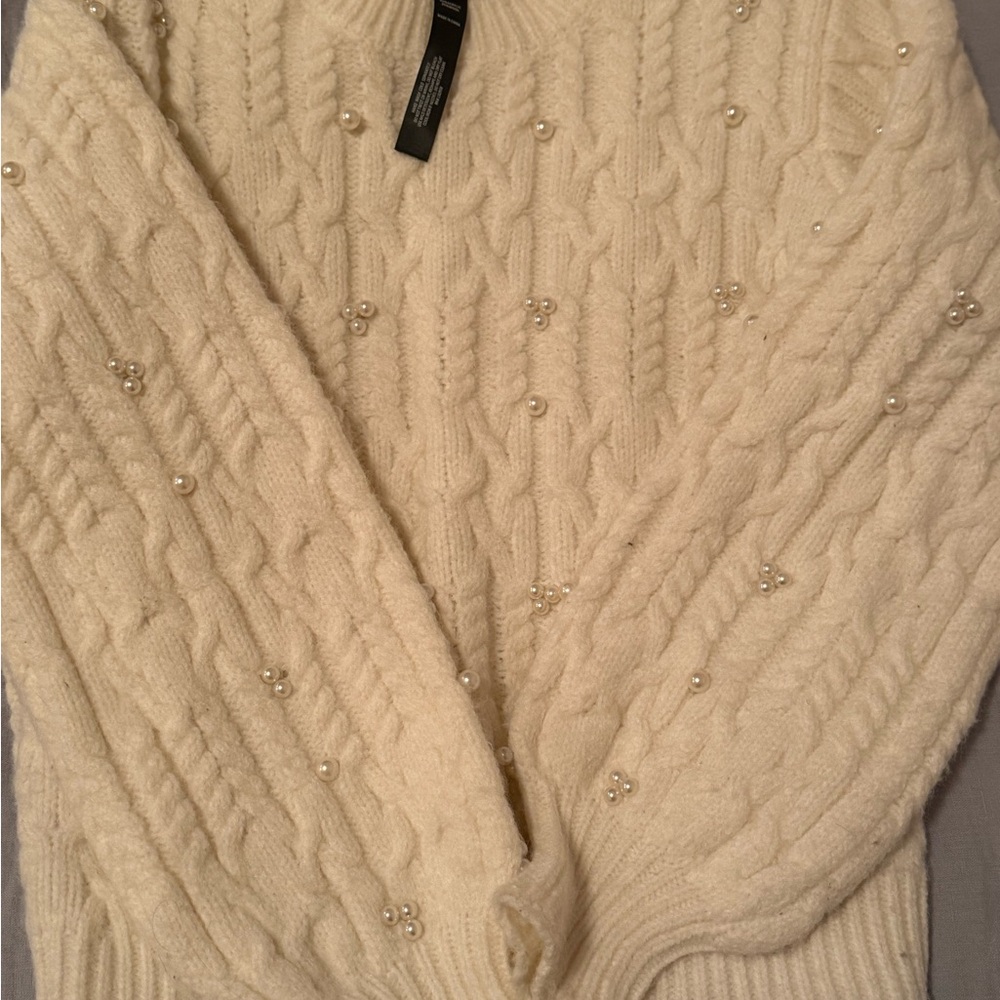 Aqua Cream V-Neck Sweater with Pearl Details